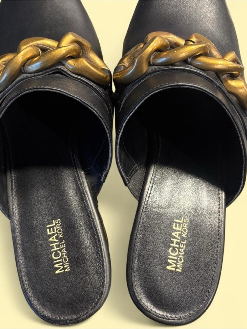 Michael Kors Black Leather Slide Mules with Brass-Tone Chain